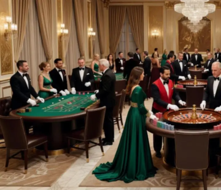 Gala w stylu kasynowym z rozświetlonymi stołami i elegancką scenografią