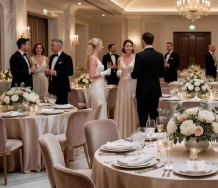 Luksusowa oprawa wizualna wieczornego eventu z eleganckim oświetleniem i aranżacją stołów