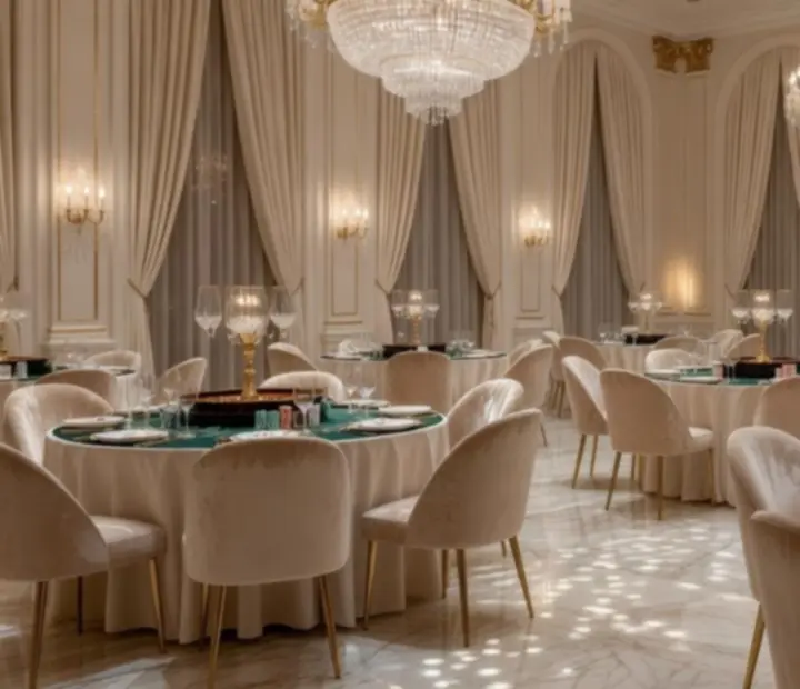 Stylowa gala eventowa z mobilnymi stołami kasynowymi i elegancką oprawą