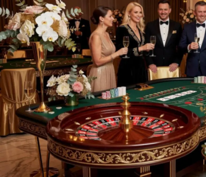 Wieczór kasynowy w eleganckiej sali bankietowej z oświetleniem w odcieniach złota