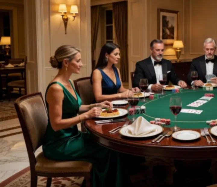 Prywatna kolacja przy stole w eleganckim wnętrzu willi z elementami rozrywki pokerowej